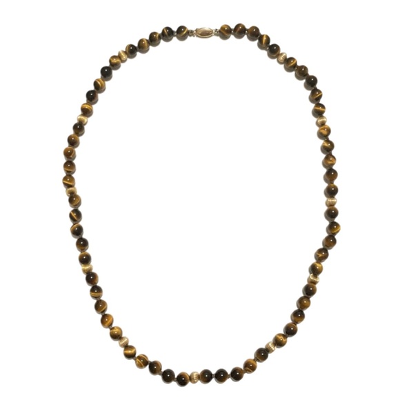 Bead Necklace~Tiger Hand-Knotted Tiger\'s Eye Necklace, Gold Bead Accents, 14 K Clasp